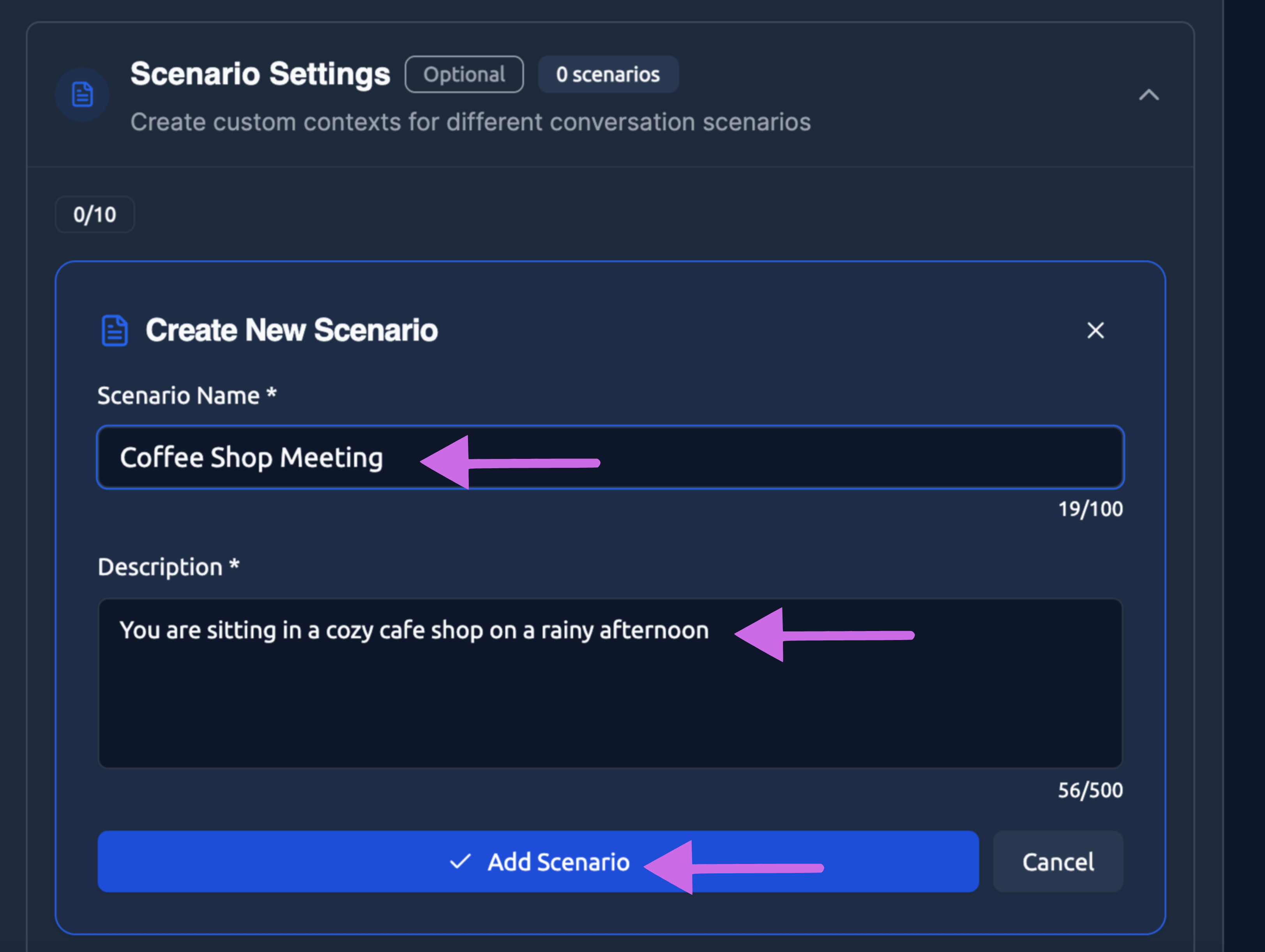 Scenerio name and description